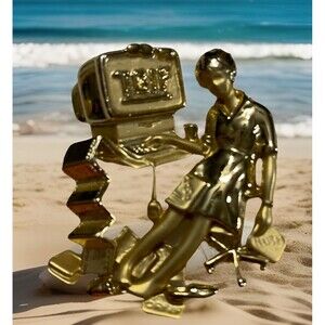 Vtg 1980s TGIF Novelty Pin Brooch Tired Lady At Computer Office Signed AJC